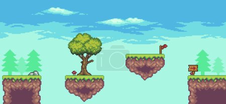 Illustration for Pixel art arcade game scene with floating platform, trees, clouds,  and flag 8bit background - Royalty Free Image