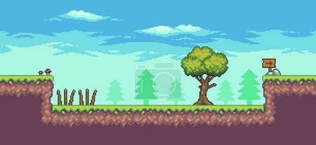 Téléchargez les illustrations : Pixel art arcade scène de jeu avec des arbres, planche en bois, piège et nuages 8 bits fond vectoriel - en licence libre de droit