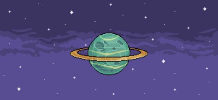 Ilustración de Pixel art fondo del planeta con anillos en el espacio. Escena vectorial para 8bit juego - Imagen libre de derechos