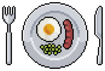 Pixel Art Teller mit Wurst, Spiegelei, Erbsen und Besteck Vektor-Symbol für 8bit-Spiel auf weißem Hintergrund