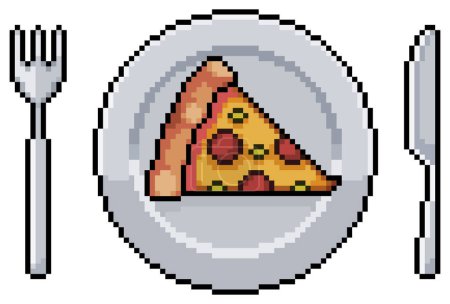 Pixel art plate with pizza slice, fork and knife vector icon for 8bit game on white background