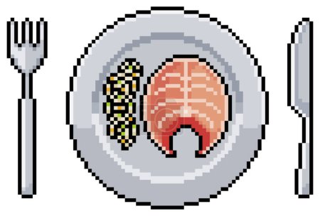 Ilustración de Pixel placa de arte con salmón a la parrilla y arroz, icono del vector cubiertos para el juego de 8 bits sobre fondo blanco - Imagen libre de derechos