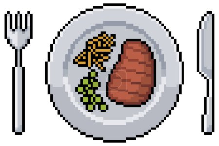 Pixel art Meal with steak, fries and peas. Plate, fork and knife. 8bit Game Item
