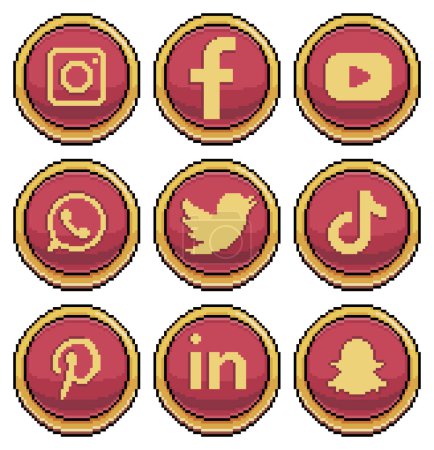 Pixel art iconos de redes sociales en formato círculo rojo. Icono vectorial estilo de 8 bits de instagram, Facebook, youtube, snapchat, tiktok, whatsapp, pinterest, linkedin