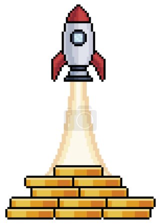 Pixel Art Rakete startet von Stapel von Münzen Vektor-Symbol für 8bit-Spiel auf weißem Hintergrund