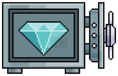Pixel art vault with diamond, open vault safe box vector icon for 8bit game on white background 