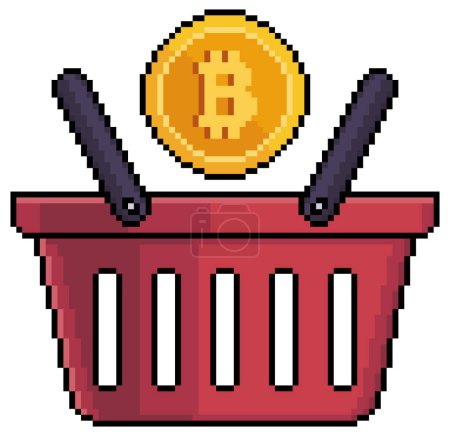 Pixel art shopping baskets with bitcoin vector icon for 8bit game on white background