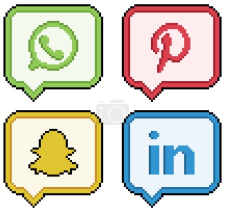 Icons social media and social networks in pixel art whatsapp, pinterest, snapchat, linkedin 8bit style
