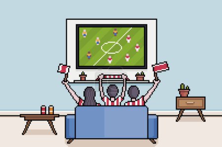 Pixel art fans watching football on tv in living room, south koreans watching the soccer world cup 8bit background