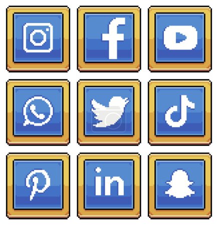 Pixel art social media icons in blue square format. Vector icon 8bit style of instagram, facebook, youtube, snapchat, tiktok, whatsapp, pinterest, linkedin