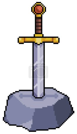 Pixel art roi épée arthur dans l'icône vectorielle de pierre pour le jeu 8bit sur fond blanc