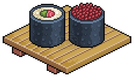 Pixel art tekka maki, ikura maki on wooden board for sushi vector icon for 8bit game on white background