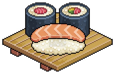 Illustration for Pixel art sake nigiri, tekka maki, futomaki on wooden board for sushi japanese food vector icon for 8bit game on white background - Royalty Free Image