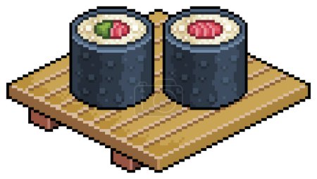 Pixel art tekka maki, hosomaki on wooden board for sushi vector icon for 8bit game on white background