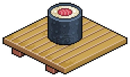 Pixel art tekka maki on wooden board for sushi vector icon for 8bit game on white background