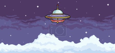 Téléchargez les illustrations : Pixel art OVNI dans le ciel nuageux. Un vaisseau extraterrestre volant dans le ciel nocturne. Fond vectoriel 8 bits - en licence libre de droit