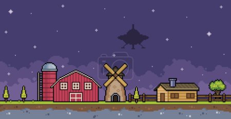 Pixel arte OVNI en la granja con casa, granero, silo, molino y platillo volador 8bit juego vector de fondo