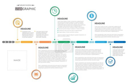 Téléchargez les illustrations : Timeline Modèle de diagramme infographique pour les entreprises. Schéma chronologique du cercle moderne en 6 étapes infographie vectorielle de présentation. - en licence libre de droit