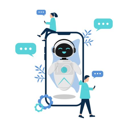 llustration with artificial intelligence chat bot, character in the phone and chatting. The phone is surrounded by characters of people with a phone who communicate with the chat bot.