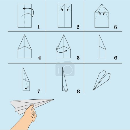 Téléchargez les illustrations : Comment faire des instructions d'avion en papier. Tutoriel plan papier étape par étape. Avion vectoriel. Jeu éducatif pour les enfants. Jeu visuel. - en licence libre de droit