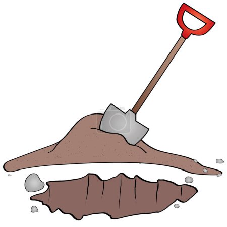 Creuser un trou. Tombe et excavation. Illustration plate de bande dessinée en fond blanc. Pelle et terre brune sèche