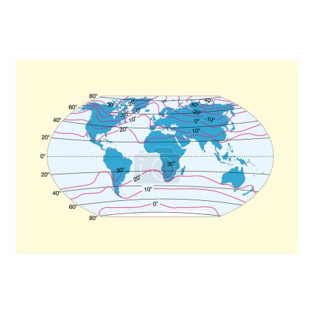 Ilustración de Isotherm. Mapa del mundo con continentes, líneas isotérmicas y zonas de temperatura física en enero en grados Celsius. Vector - Imagen libre de derechos