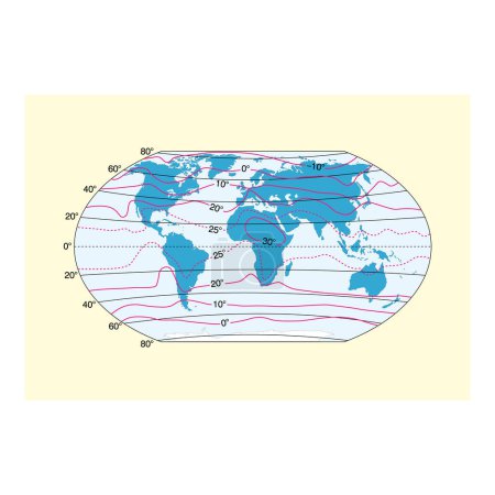 Ilustración de Imágenes del mapa isotherm anual mundial. Mapa del mundo con líneas isotérmicas y zonas de temperatura física. - Imagen libre de derechos