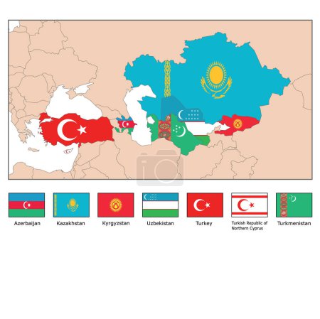 Illustration for Turkish Republics (Azerbaijan, Kazakistan, Kyrgyzstan, Uzbekistan, Turkey,  Turkish Republic of Northern Cyprus, Turkmenistan) - Royalty Free Image