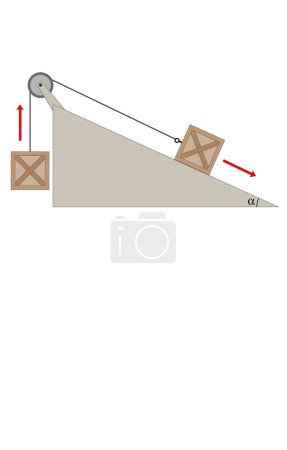 Illustration for Physics. Simple machines. A box on an inclined plane with a pulley.  Vector diagram for educational and scientific use - Royalty Free Image
