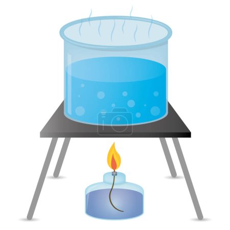 Foto de Punto de ebullición del agua. Líquido que hierve en la estufa con una llama y se evapora en un recipiente de vidrio. Burbujas líquidas. Educación ilustración vector - Imagen libre de derechos