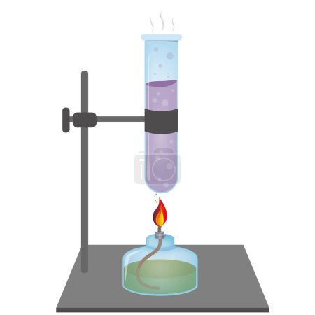 Illustration for Chemistry, Scientific laboratory experiment. Combustion process, heating. The flask, the test tube is heated over the fire of a spirit lamp, a burner. Evaporation process vector illustration - Royalty Free Image