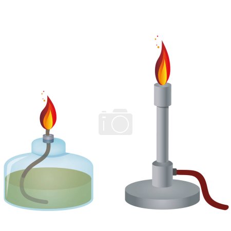 Chemical equipment.Chemical alcohol burner. Alcohol (spirit) burner and flames Bunsen burner isolated on white background. vector illustration.