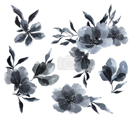 Photo for Set of watercolor elements for decoration. Black airy watercolor flowers. Texture. Elements. Card. Design. Wedding. Holidays. Cosmetics. Clip art. - Royalty Free Image