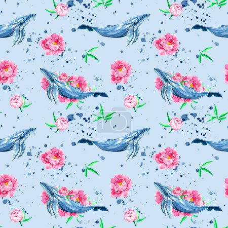 Photo for Hand drawn watercolor whale with peonies and splashes. Whale pattern. Ocean. Undersea world. Sea creatures. Fabric cute print. Sea. Blue sea background. Fantasy. - Royalty Free Image