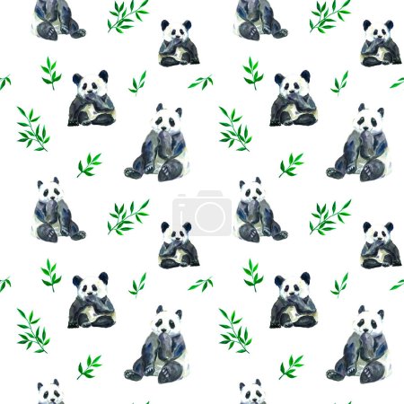 Photo for Hand drawn watercolor panda. Panda seamless watercolor pattern. Illustration. Bamboo. Asia. China. Japan. Bamboo bear. Lovely fabric print. Zoo. - Royalty Free Image