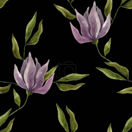Foto de Hand drawn watercolor pattern of purple flowers. Fantasy watercolor flowers. Seamless fabric print. Africa. Magnolia. Home textiles. Textile. Texture. - Imagen libre de derechos