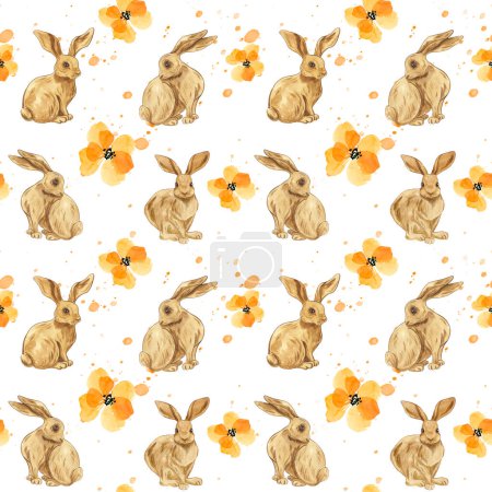 Foto de Drawn watercolor pattern of rabbits. Rabbits. Animal print. Children's pattern. Easter. Spring. Easter seamless pattern. Religion. Culture. Traditions. Red hare. - Imagen libre de derechos