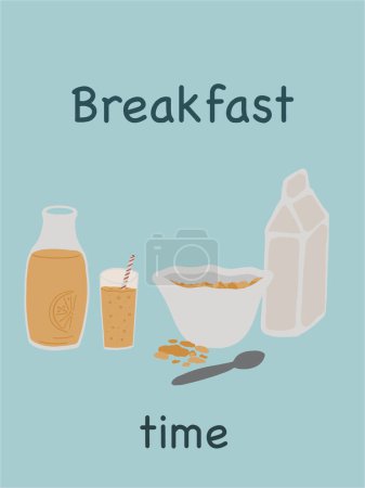 Illustration for Breakfast time cornflakes milk and fresh orange juice. Vector illustration - Royalty Free Image