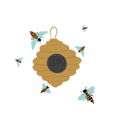 Téléchargez les illustrations : Abeille avec une ruche de miel volant autour. Illustration vectorielle - en licence libre de droit