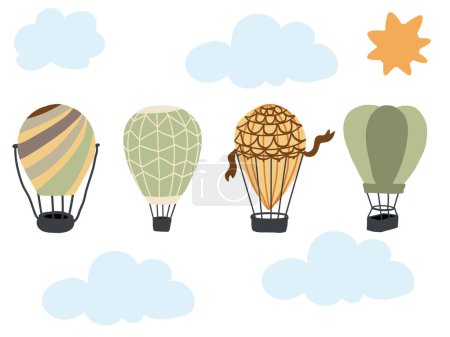 Ilustración de Set de cuatro globos de aire caliente con nubes. Ilustración vectorial - Imagen libre de derechos
