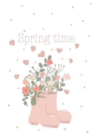 Illustration for Rubber boots with flowers spring hand drawn card. Vector illustration - Royalty Free Image