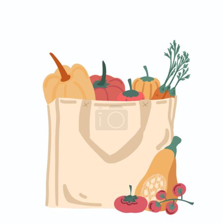Reusable bag with pumpkin and carrots flat design set on white baqckground. Vector illustration