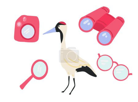 Illustration for Bird watching set flat design with camera and crane. Vector illustration - Royalty Free Image