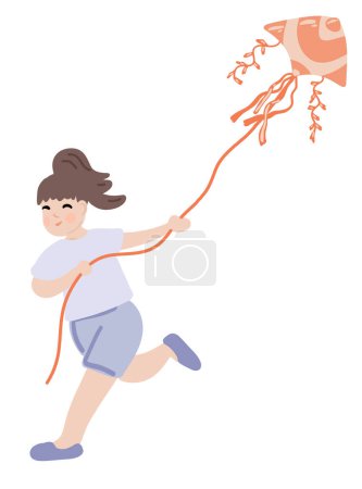 Flat design running girl with flying kite in the sky. Vector illustration