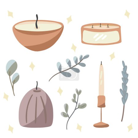 Scented candles flat design set with eucalyptus. Vector illustration