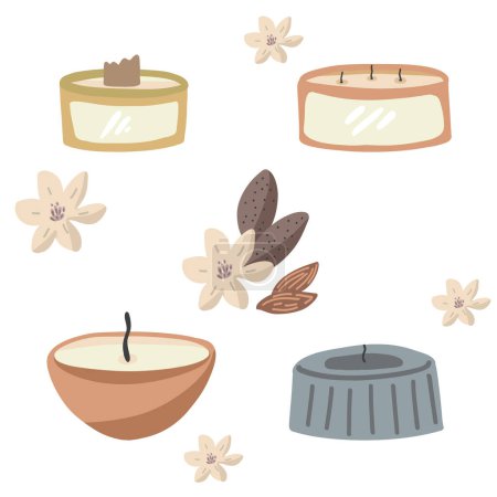 Candles flat design set with almond flowers. Vector illustration