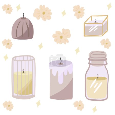 Romantic candles flat design with flowers. Vector illustration