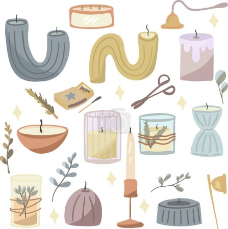 Big flat design set with candles and branches. Vector illustration