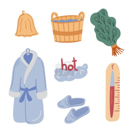 Téléchargez les illustrations : Chapeau de sauna et équipement de bain design plat. Illustration vectorielle - en licence libre de droit
