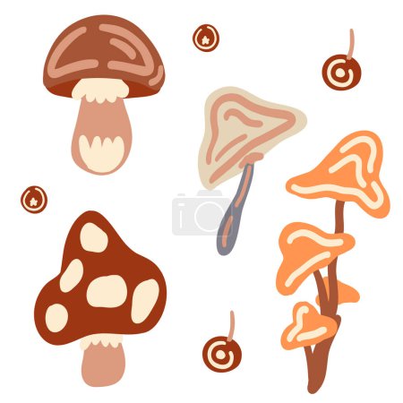 Flat design mushroom forest berries set. Vector illustration